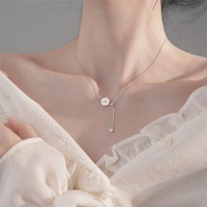 NEW 925 Silver Shell Daisy Diamond Drop Necklace